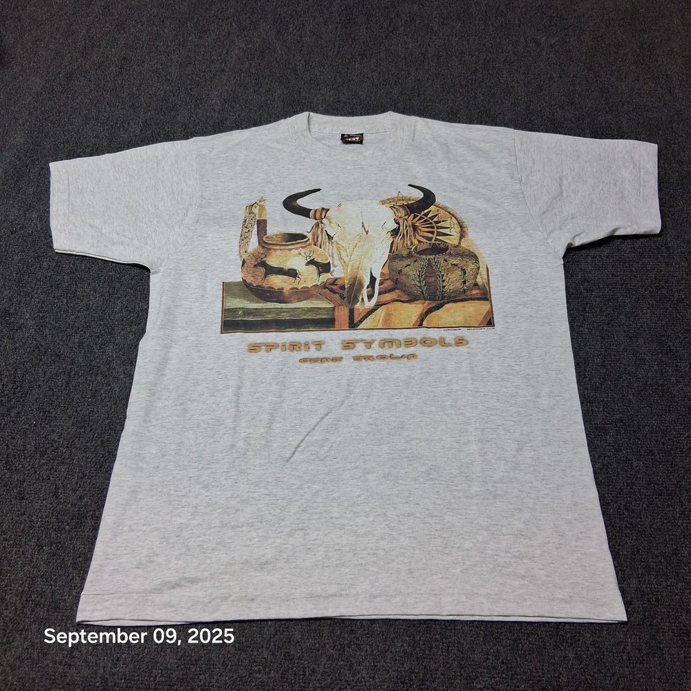 Vintage Spirit Symbols‎ Gene Brown Western T Shirt Size Large Gray Single Stitch